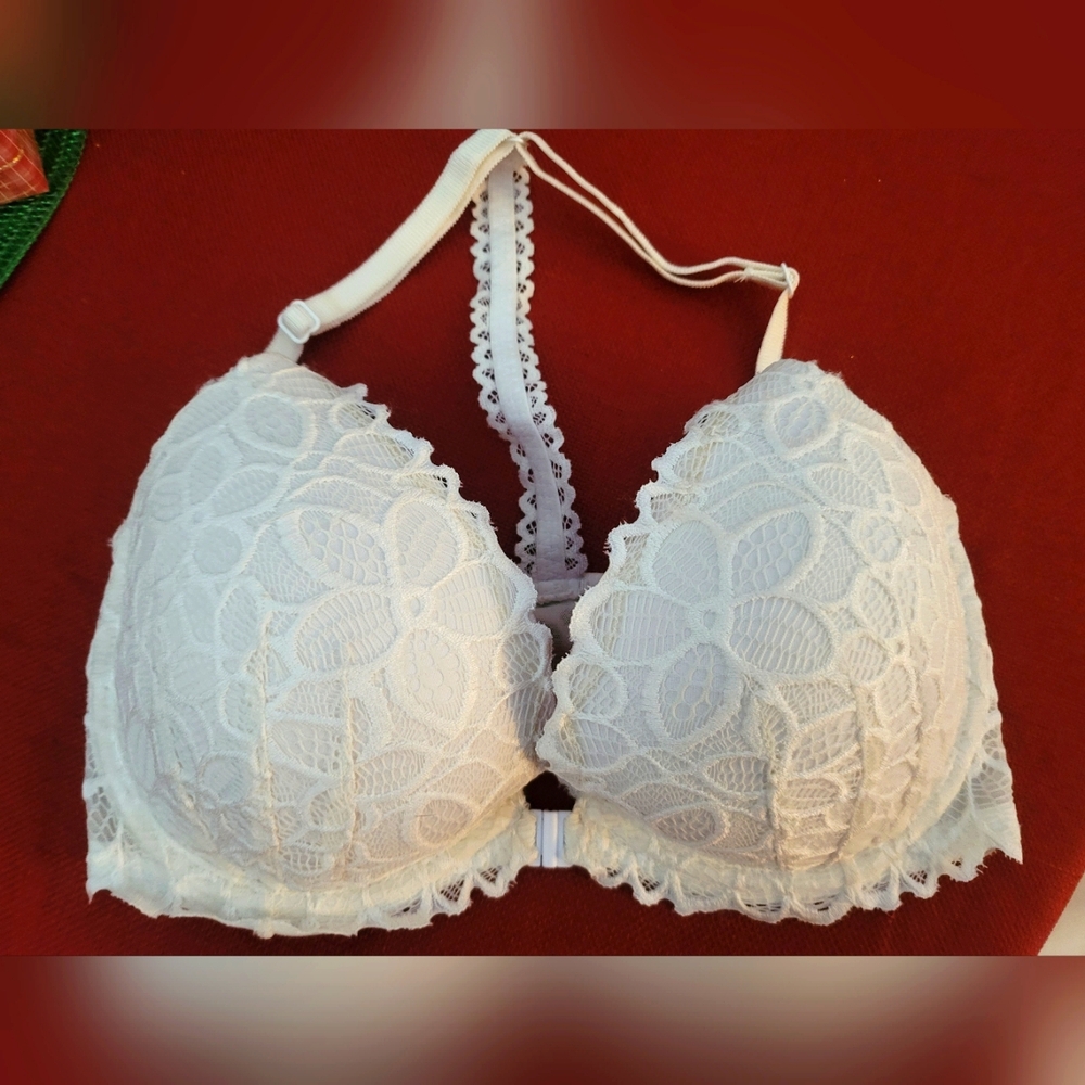 Victoria's Secret Push Up White Lace Pink Inside Bra Size 32DD